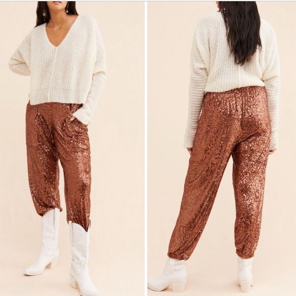 Free People Morelia Metallic Bronze Sequin Jogger XS - Picture 1 of 13